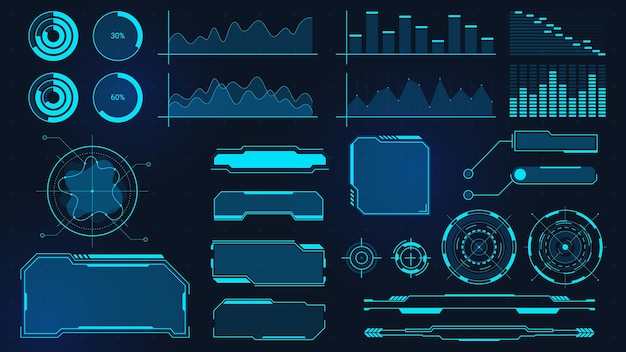 Cyberpunkowe Wykresy. Futurystyczne Cyfrowe Wykresy, Słupki, Diagramy I Ramki Dla Ui, Hud I Gui. Fala Dźwiękowa Techno, Granica I Przycisk Wektor Zestaw. Wyświetlacz Z Danymi Do Obliczeń, Wirtualna Gra