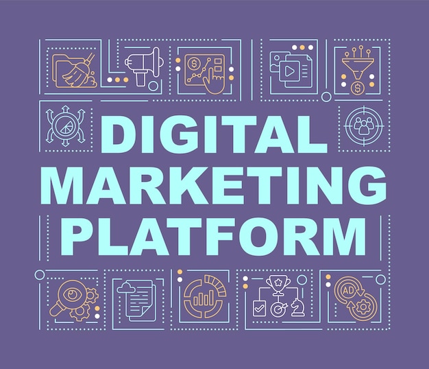 Cyfrowa Platforma Marketingowa Słowo Koncepcje Fioletowy Transparent. Reklamy Internetowe. Infografiki Z Liniowymi Ikonami Na Tle. Typografia Na Białym Tle. Ilustracja Wektorowa Kolor Z Tekstem. Użyta Czcionka Arial-black