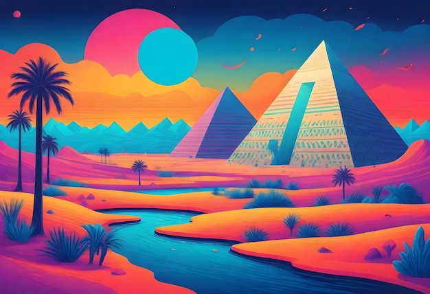 cyfrowa sztuka piramid z drzewami palmowymi na tle