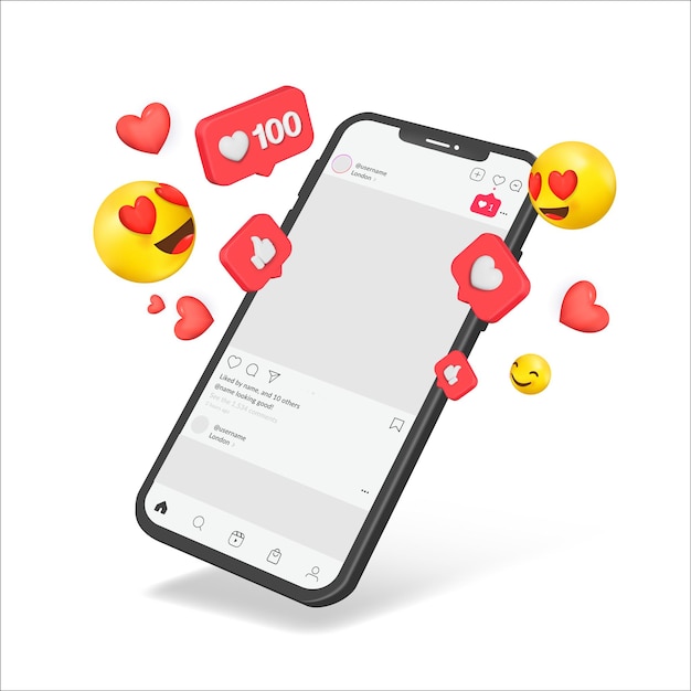 Cyfrowe realistyczne smartfony z latającymi reakcjami emoji Makieta smartfona