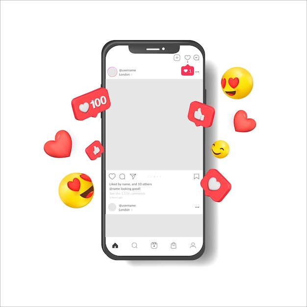 Cyfrowe realistyczne smartfony z latającymi reakcjami emoji Makieta smartfona