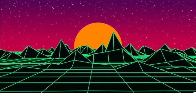 Cyfrowy krajobraz retro w stylu lat 80. Futurystyczny cyber powierzchni 80. Retro tło SciFi Okładka albumu lub baner w stylu lat 80. Ilustracja wektorowa