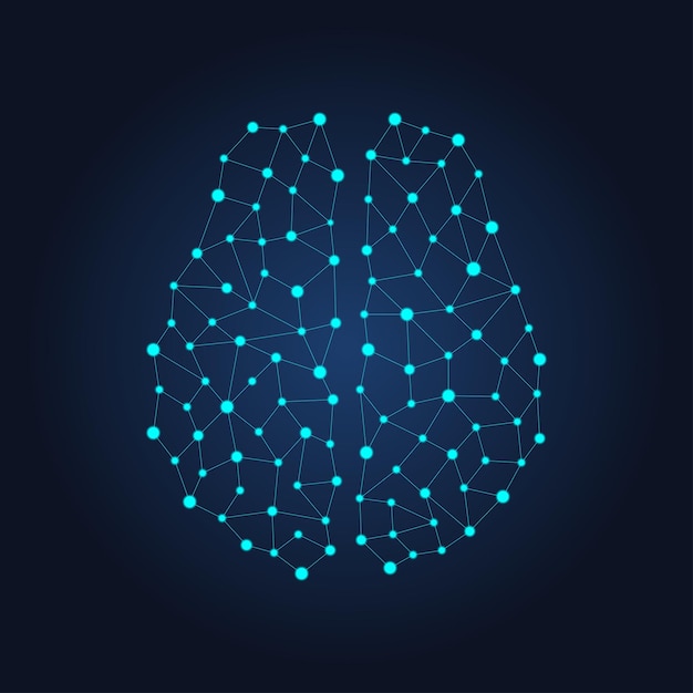 Cyfrowy ludzki mózg z węzłów i połączeń. Futurystyczna sieć neuronowa. Geometryczna ilustracja wektorowa na ciemnym tle