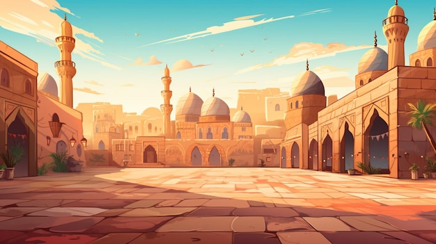 Plik wektorowy cyfrowy obraz meczetu z niebieskim niebem i meczetem na tle