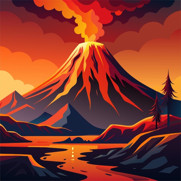 Plik wektorowy cyfrowy obraz wulkanu z górą na tle