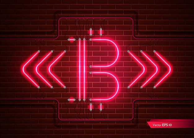 Cyfrowy Wektor światło Neonowe Bitcoin. Szczegółowa Cryptocurrency Ilustracja Na ściana Z Cegieł Plecy