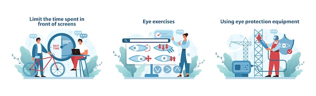 Plik wektorowy cyfrowy zestaw ilustracji zapobiegający obciążeniu oczu zachęcający do zarządzania czasem spędzonym przed ekranem