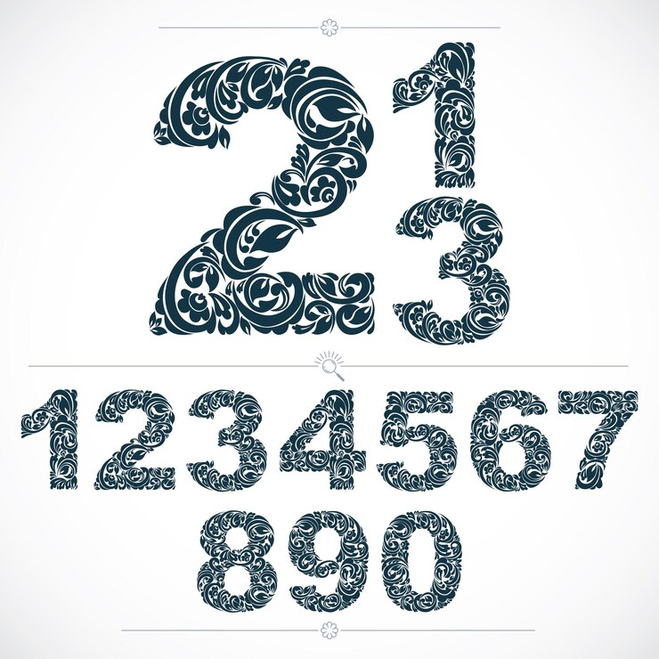 Cyfry kwiatowe, ręcznie rysowane numery wektorowe ozdobione wzorem botanicznym. Numeracja ozdobna monochromatyczna, cyfry wykonane w stylu vintage.