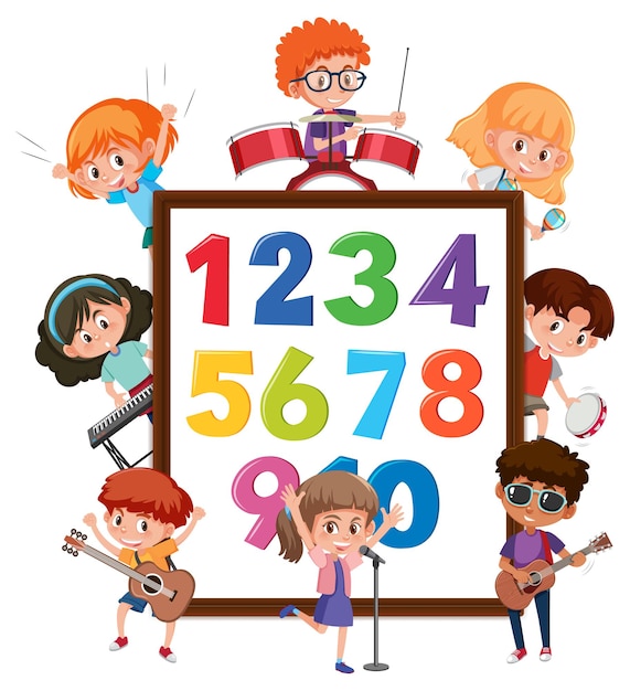 Plik wektorowy cyfry od 0 do 9 na banerze z wieloma dziećmi wykonującymi różne czynności