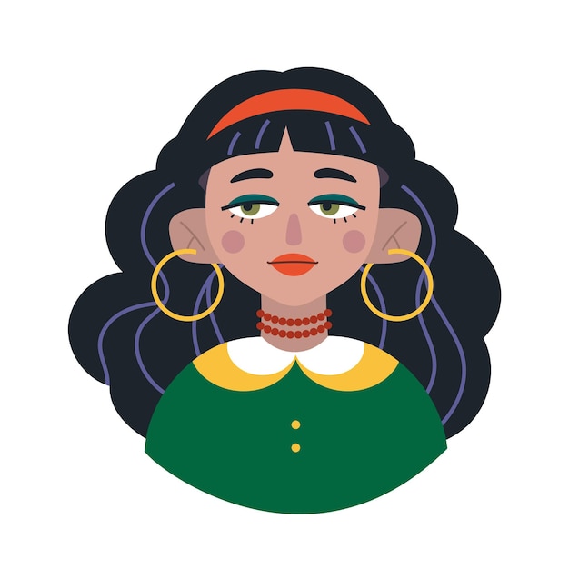 Cygańska dziewczyna avatar kreskówka styl Modny nowoczesny wektor ilustracja na białym tle ręcznie rysowane Płaska konstrukcja