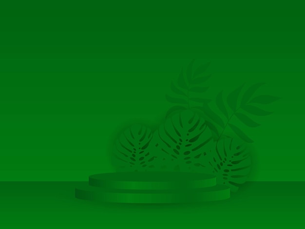 Cylindryczne Podium Na Zielonym Tle. Minimalna Zielona Scena Z Geometrycznymi Kształtami I Liśćmi Palmowymi.