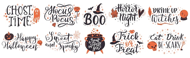 Cytaty Na Halloween. Ręcznie Pisane Zwroty Halloween, Rzucają Na Ciebie Zaklęcie I Zestaw Wektorowy Trick Or Treat. Upiorny Napis Halloween. Halloween Odręczna Typografia, Cytat I Napis Z Pozdrowieniami