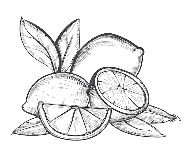 Cytryny ręcznie rysowane ilustracji wektorowych w czerni i bieli