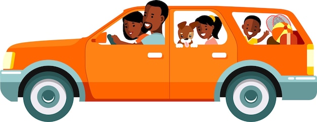 Czarna Afroamerykanka Przejażdżki Rodzinne Podróżują W Widoku Z Boku Czerwonego Samochodu