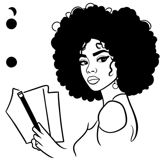 Czarna Amerykańska Dziewczyna Studiująca Ręcznie Narysowana Płaska Stylowa Naklejka Kreskówkowa Ikonka Koncepcja Izolowana