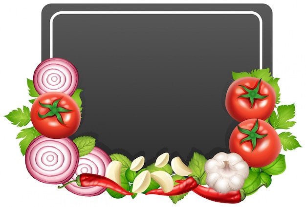 Plik wektorowy czarna deska z cebulą i pomidorami
