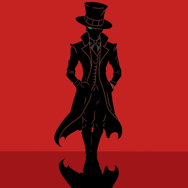 Czarna ilustracja przedstawiająca mężczyznę stojącego w garniturze i kapeluszu na czerwonym tle