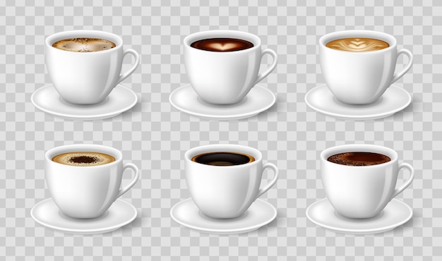 Czarna kawa, cappuccino, latte, espresso, macchiatto, mocha widok z boku.