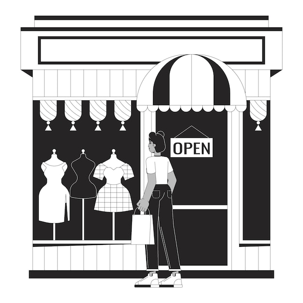Plik wektorowy czarna kobieta patrząca na ubrania w sklepie z modą czarno-biały 2d postać z kreskówek