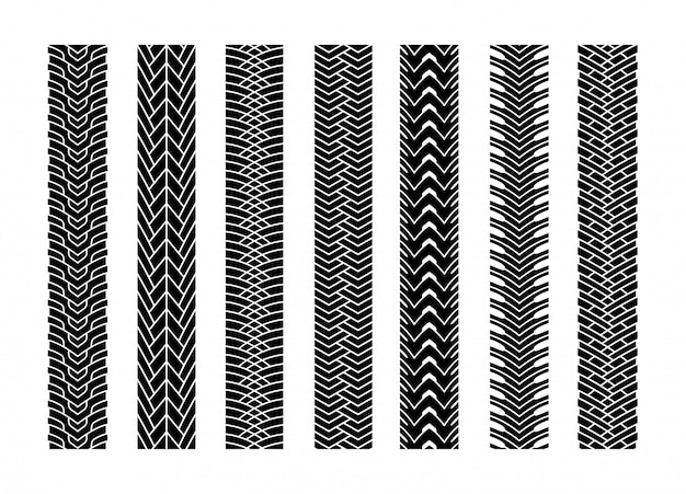 Plik wektorowy czarna opona ślady koła samochodu lub transportu zestaw na drodze wzór tekstury dla samochodów. ilustracja wektorowa toru