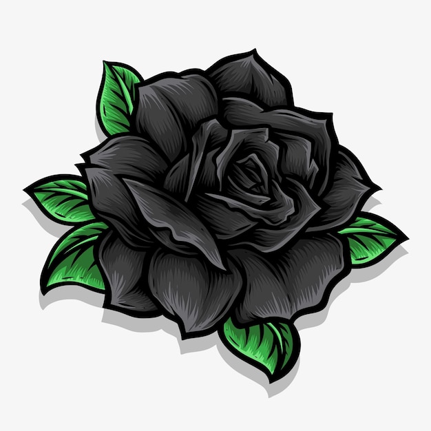 Czarna Róża Z Wektorem Zielonych Liści
