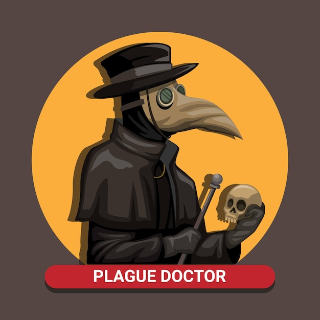 Czarna śmierć Plague Doctor Nosić Kostium Maski Ptaka, Trzymając Czaszkę I Pręt W średniowiecznej Koncepcji Na Ilustracji Kreskówki