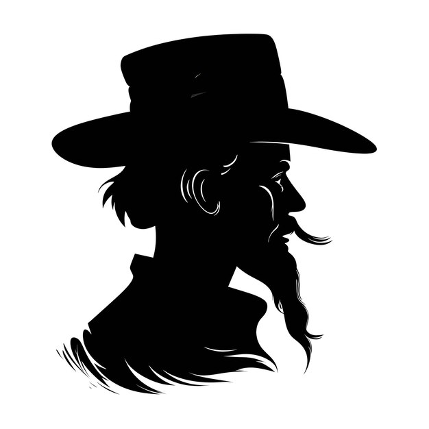 Plik wektorowy czarna sylwetka mężczyzny z brodą i wąsami w kapeluszu na białym tle