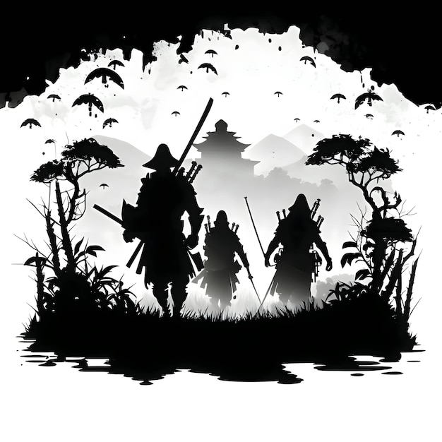 Czarna sylwetka trzech samurajów na białym tle