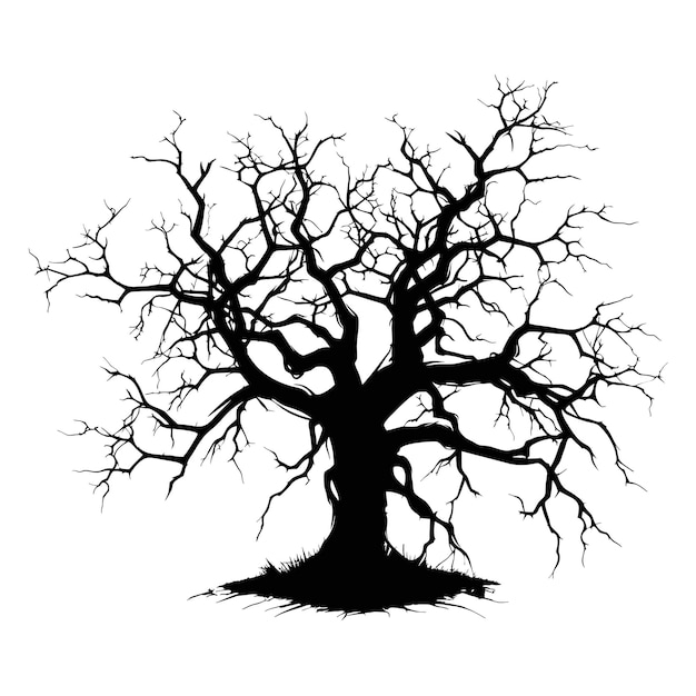 Czarna sylwetka wektora upiornego drzewa z krukiem siedzącym na gałęzi odizolowanej na białym tle