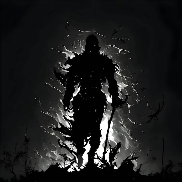 Czarna sylwetka wojownika na ciemnym tle