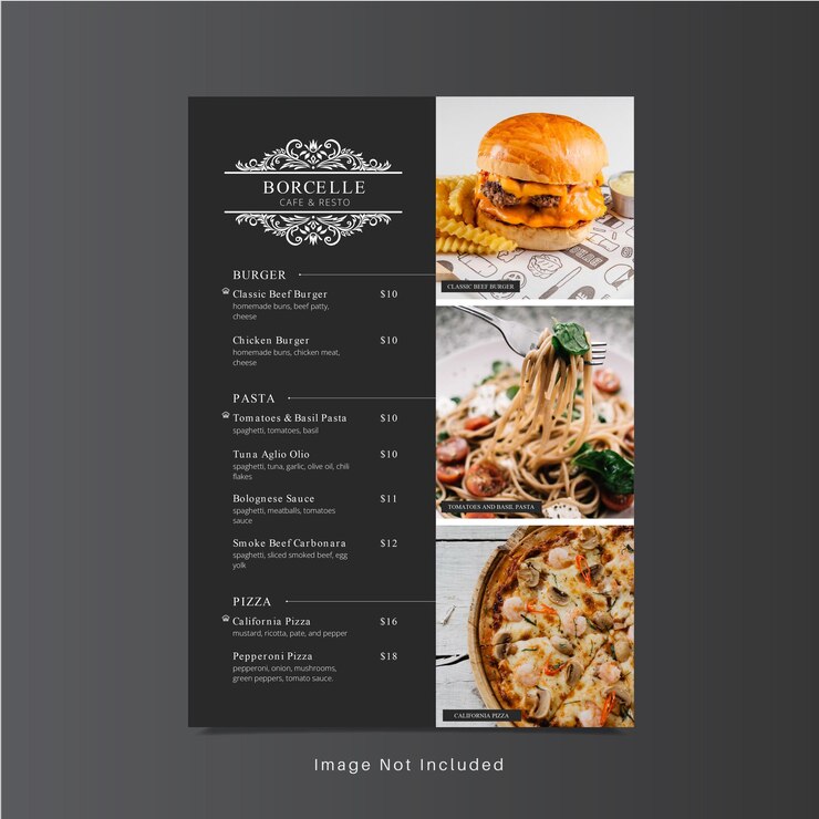 Wektor czarne ciemne eleganckie menu kawiarni i restauracji
