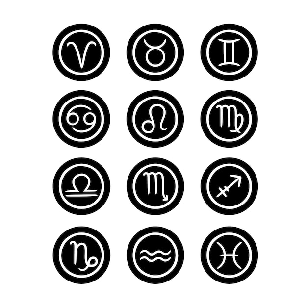 Czarne okrągłe ikony znaków zodiaku
