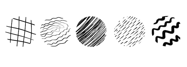 Czarne okrągłe naklejki z różnymi ręcznie narysowanymi teksturami ołówkowymi Vector Naive Doodle Patterns Elementy projektowania dla postów w mediach społecznościowych