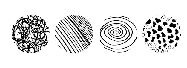 Czarne okrągłe naklejki z różnymi ręcznie narysowanymi teksturami ołówkowymi Vector Naive Doodle Patterns Elementy projektowania dla postów w mediach społecznościowych