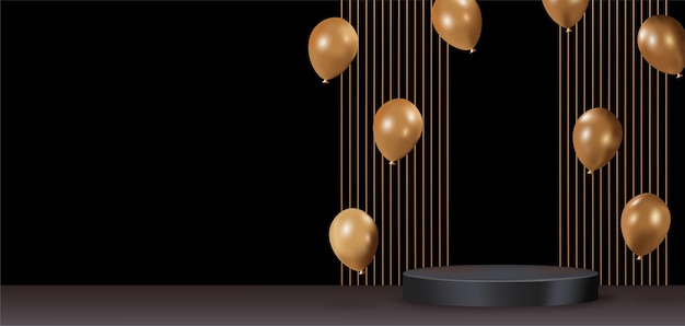 Czarne podium z ekspozycją produktów ze złotymi balonami i elementami