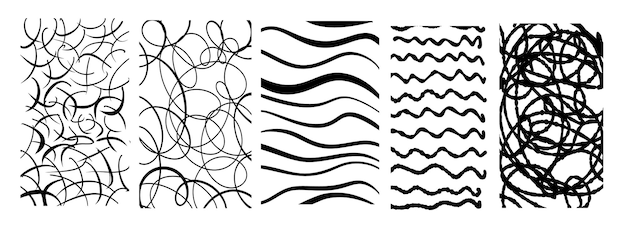 Czarne poziome naklejki z różnymi ręcznie narysowanymi teksturami ołówkowymi Vector Naive Doodle Patterns Elementy projektowania dla postów w mediach społecznościowych