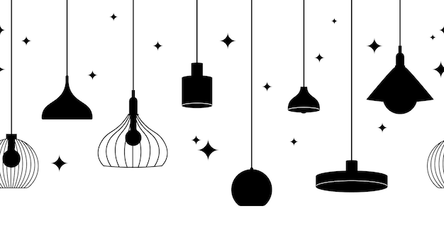 Plik wektorowy czarne sylwetki lampy bezszwowy wzór lampa wisząca z gwiazdami dekoracyjna abstrakcyjna naklejka ścienna jasne dekoracje domowe tło wektorowe