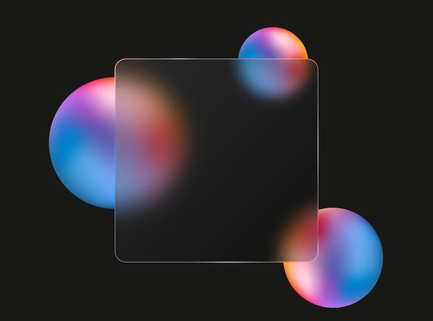 Plik wektorowy czarne tło z trójwymiarowymi kolorowymi kulami i kwadratową przezroczystą szklaną płytką morfizmową
