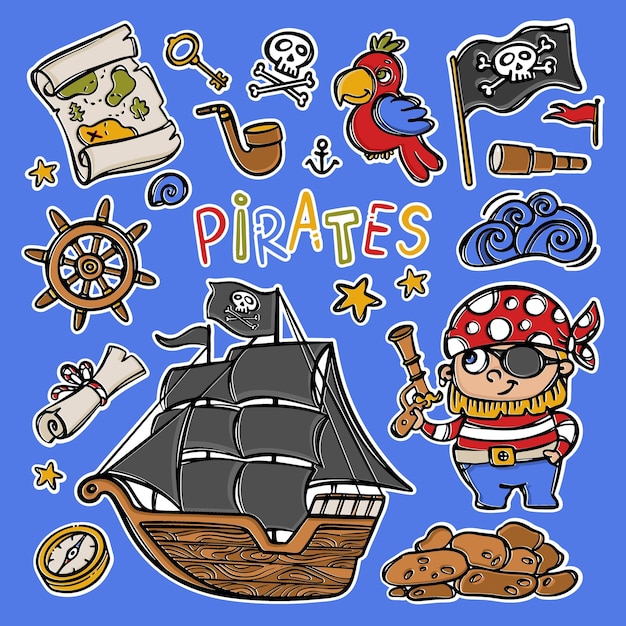 Czarne żagle żaglówka Z Flagą Czaszki Na Maszcie Ręcznie Rysowane Kreskówki Pirate Naklejki Clipart Morze Atrybuty I Obiekty Ilustracja Wektorowa Zestaw Do Projektowania I Druku