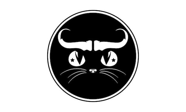 Czarno-biała Głowa Kota Z Uroczymi Rogami. Symbol, Ilustracja Logo. Kolekcja Zwierząt Domowych Z Grafiką Wektorową