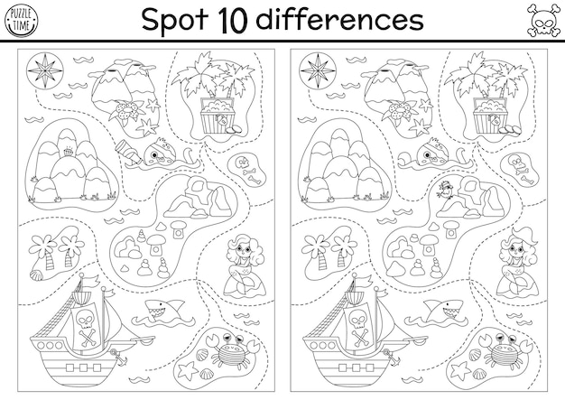 Czarno-biała Gra Znajdź Różnice Dla Dzieci Morskie Przygody Linia Edukacyjna Z Uroczym Statkiem Pirackim Mapa Wyspy Skarbów Arkusz Do Wydrukowania Lub Strona Do Kolorowania Ze Skrzynią Skarbówxa