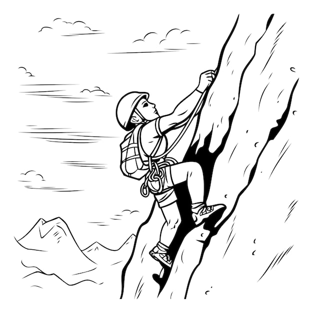 Plik wektorowy czarno-biała ilustracja alpinisty wspinającego się na klif