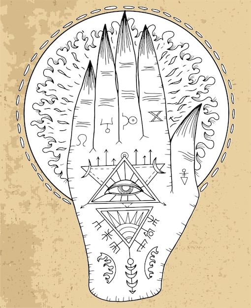 Plik wektorowy czarno-biała ilustracja graficzna wektorowa z mistycznym ezoterycznym i okultystycznym symbolem astralnej dłoni