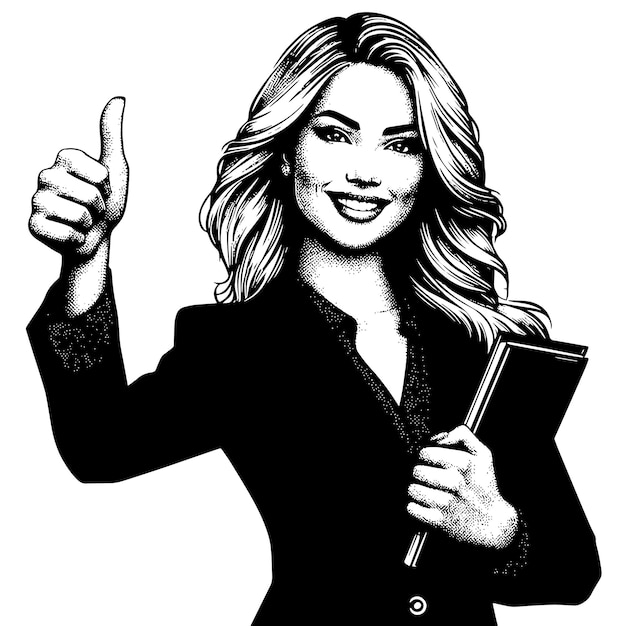 Plik wektorowy czarno-biała ilustracja kobiety w garniturze biznesowym pokazującej znak kciuków w górę