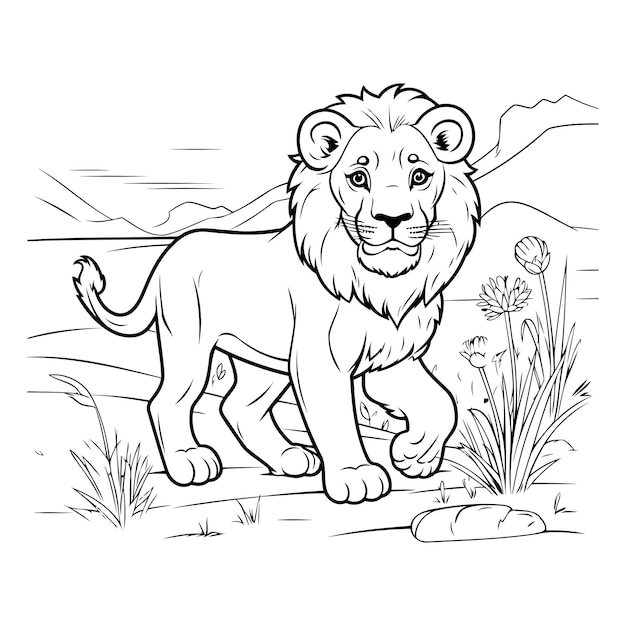 Plik wektorowy czarno-biała ilustracja kreskówkowa dzikiego lwa dla książki do malowania