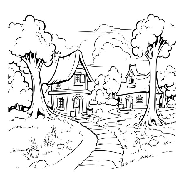 Plik wektorowy czarno-biała ilustracja kreskówkowa krajobrazu wiejskiego z domem i drzewami