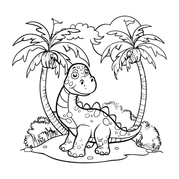 Czarno-biała ilustracja kreskówkowa Ładna książka do malowania z dinozaurami i palmami