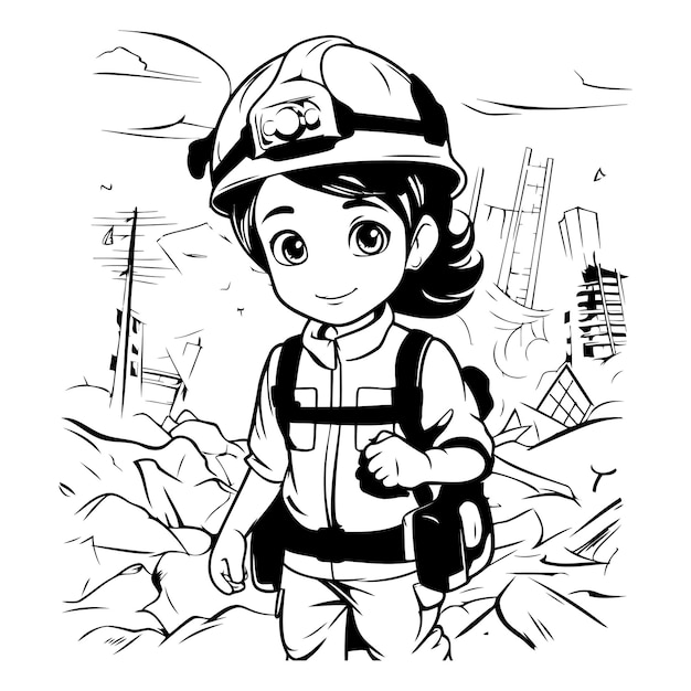 Czarno-biała Ilustracja Kreskówkowa Uroczego Małego Chłopca Lub Dziecka W Kombinezonie I Hełmie Chodzącego Po Skałach