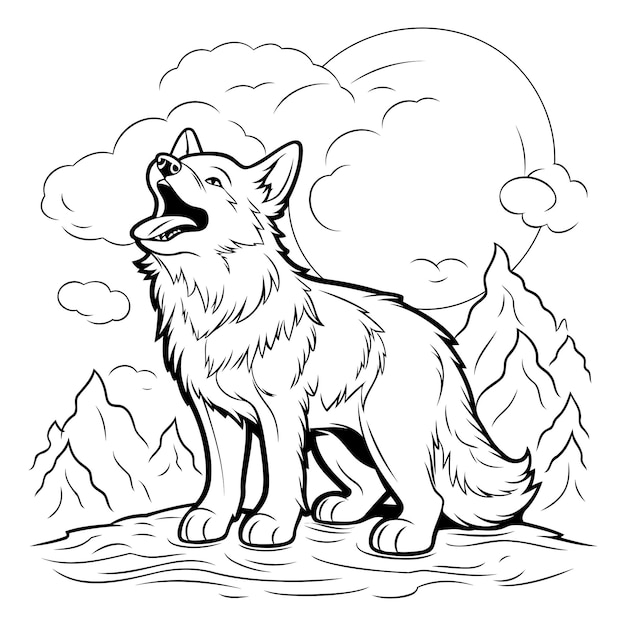 Plik wektorowy czarno-biała ilustracja kreskówkowa wilka lub zwierzęcia wilka do kolorowania