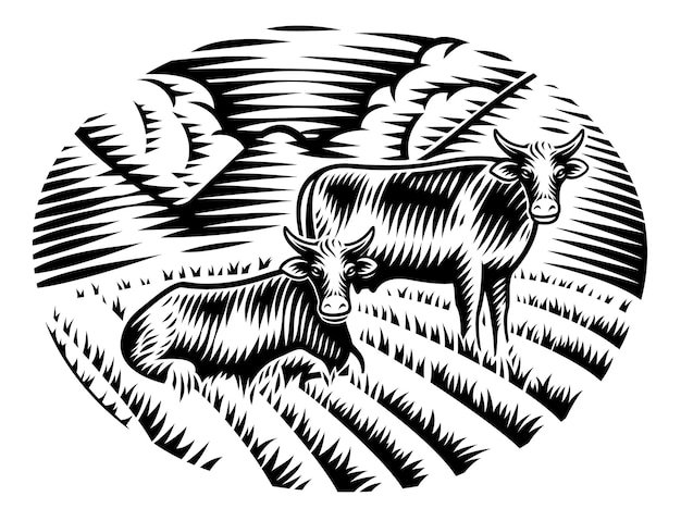 Czarno-biała Ilustracja Krów Na Trawie W Stylu Grawerowania